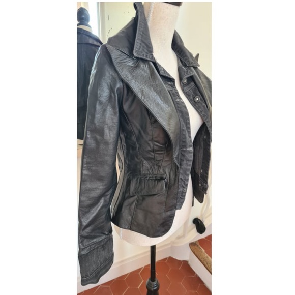 Vintage Anna Biagini black grey genuine leather biker jacket - Picture 2 of 7